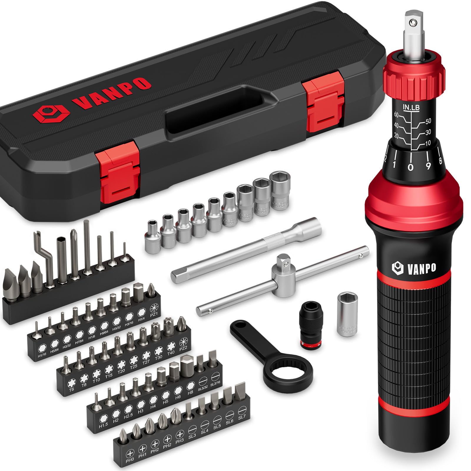VANPO Torque Screwdriver, 10–60 in-lb, 64 Pieces, Click Style for